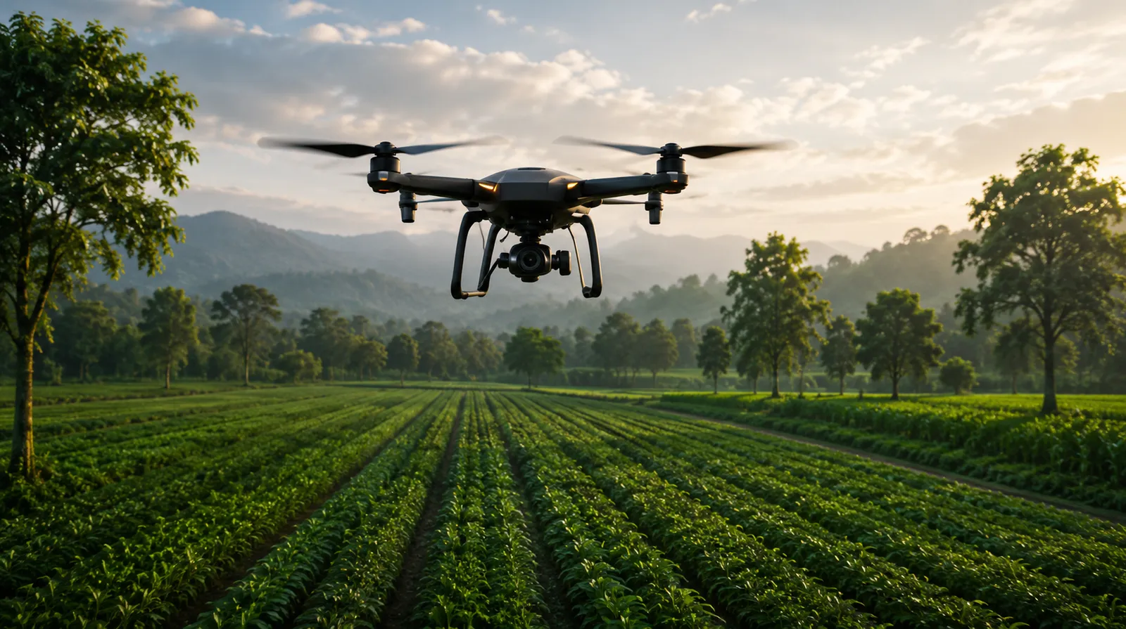 A drone surveying the estate's coconut and fruit orchards at dawn